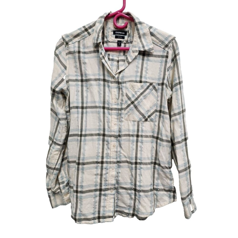 Express Womens Flannel Boyfriend Shirt Small Cream Blue‎ Plaid Metallic Preppy
